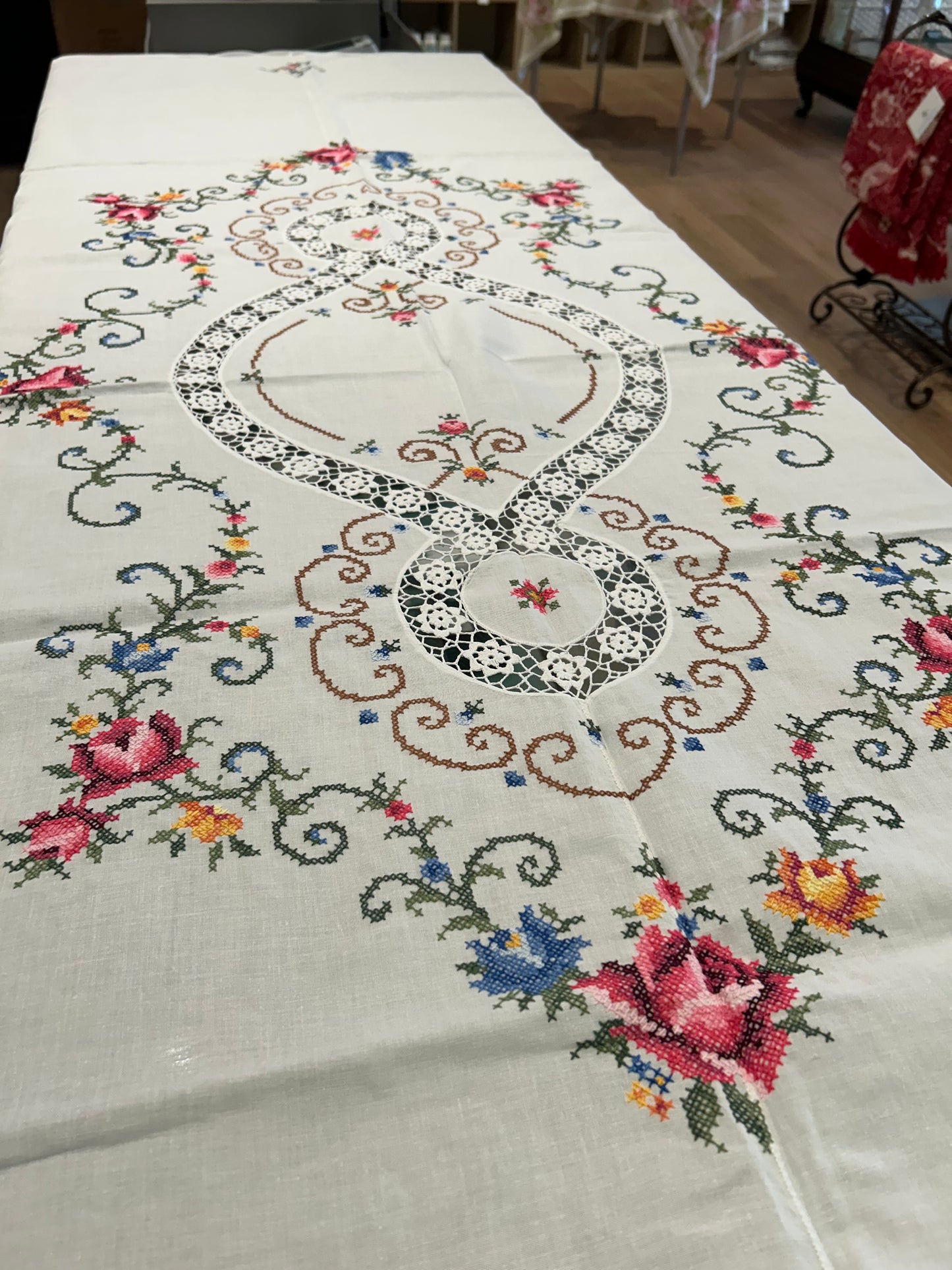 Cotton Cross Stitch Tablecloth - White With Embroidery
