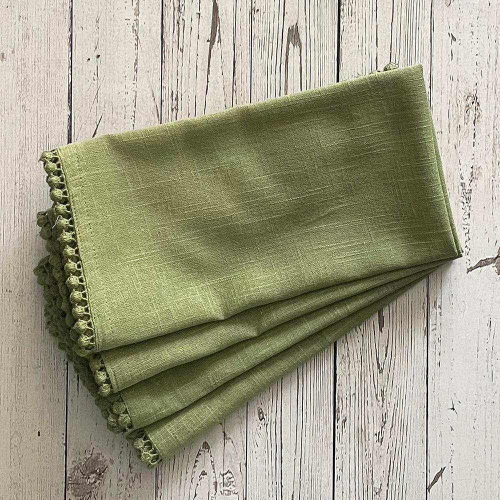 Cotton Napkins - Green With Flat Pom Poms