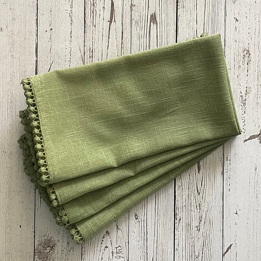 Cotton Napkins - Green With Flat Pom Poms