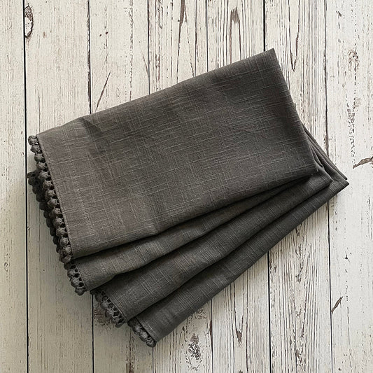 Cotton Napkins - Grey/Green With Flat Pom Poms