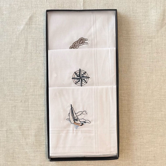 Handkerchief Men's - Box Set of Three, Embroidered with Sailing Motifs