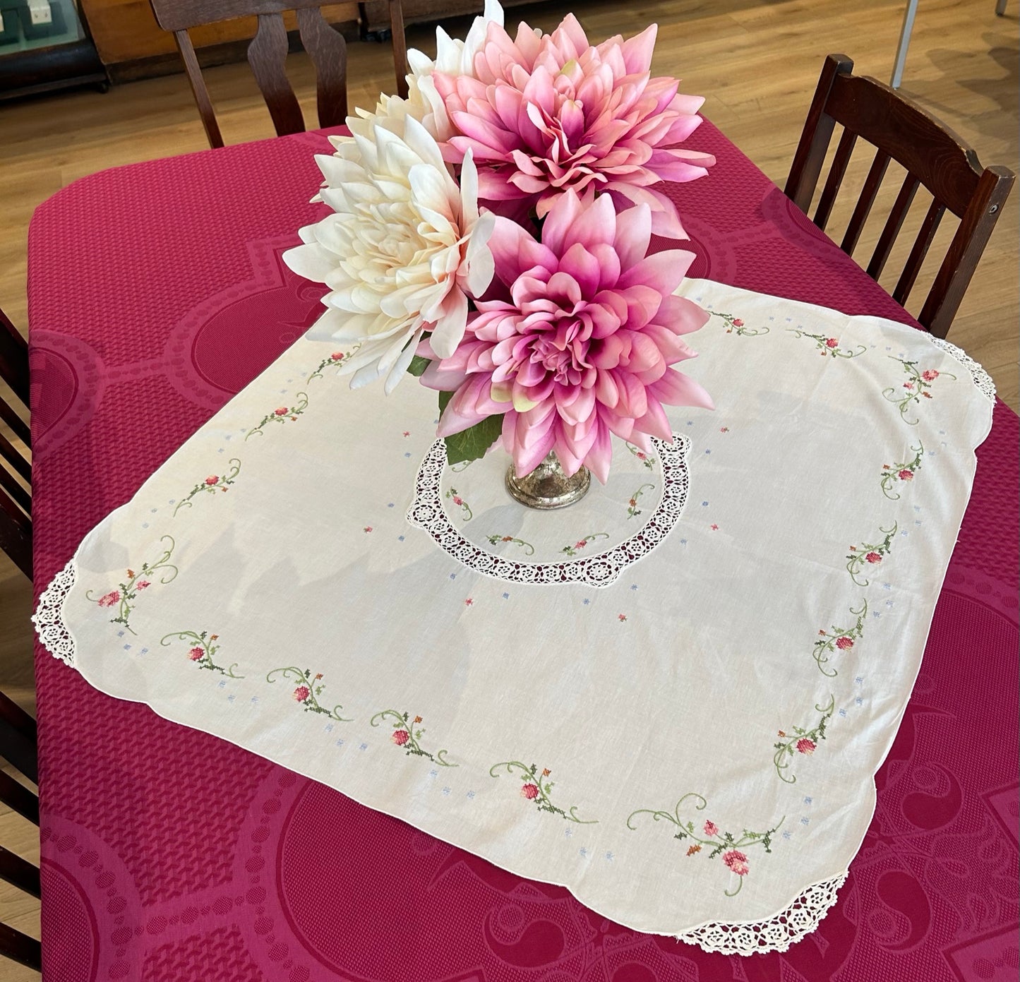 Cotton Cross Stitch Tablecloth - White With Embroidery