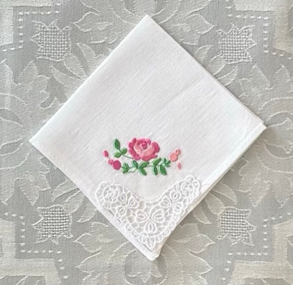 Handkerchief Ladies - Linen Pink Rose With Crochet Corner