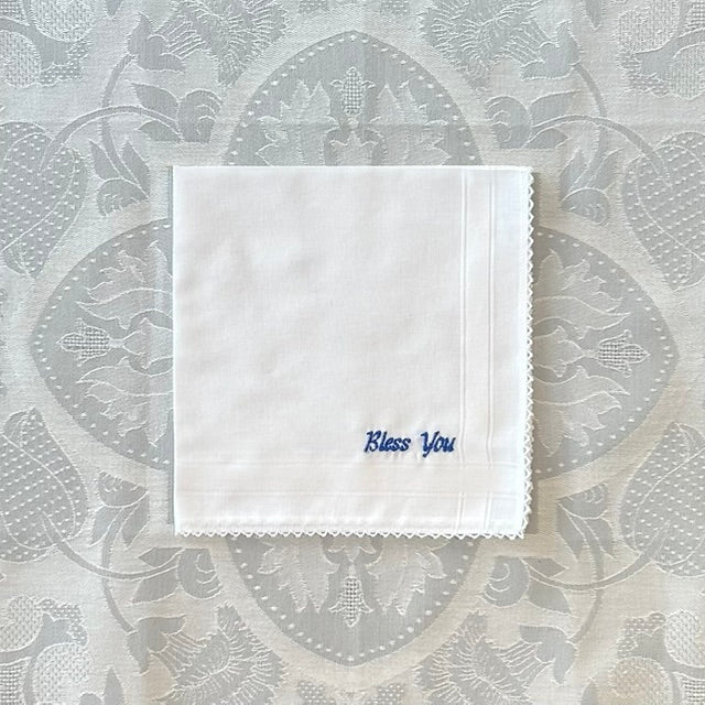 Handkerchief Ladies - "Bless You" Embroidery (Blue) With Cotton Picot Edge