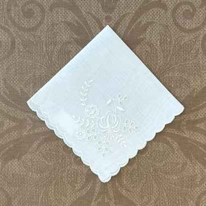Estate/Vintage Ladies Handkerchief - White Cotton With Embroidered Flowers and Scalloped Edge
