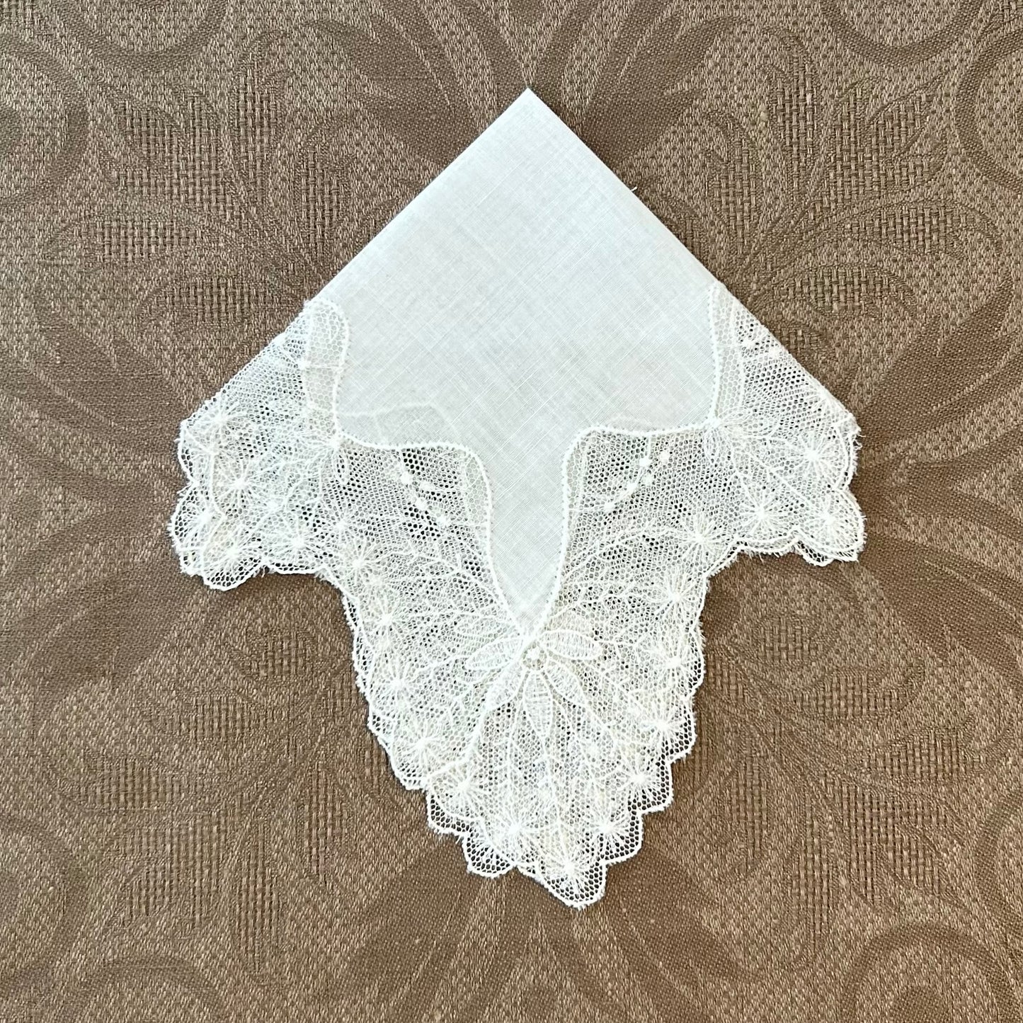 Estate/Vintage Ladies Handkerchief - Cream Cotton With Ornate Lace Edge