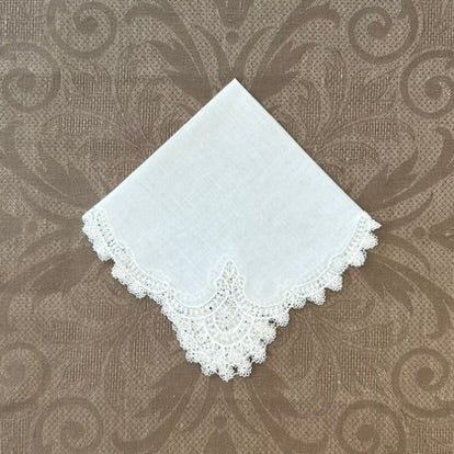 Estate/Vintage Ladies Handkerchief - Off White Linen With Handmade Lace Corners and Edge