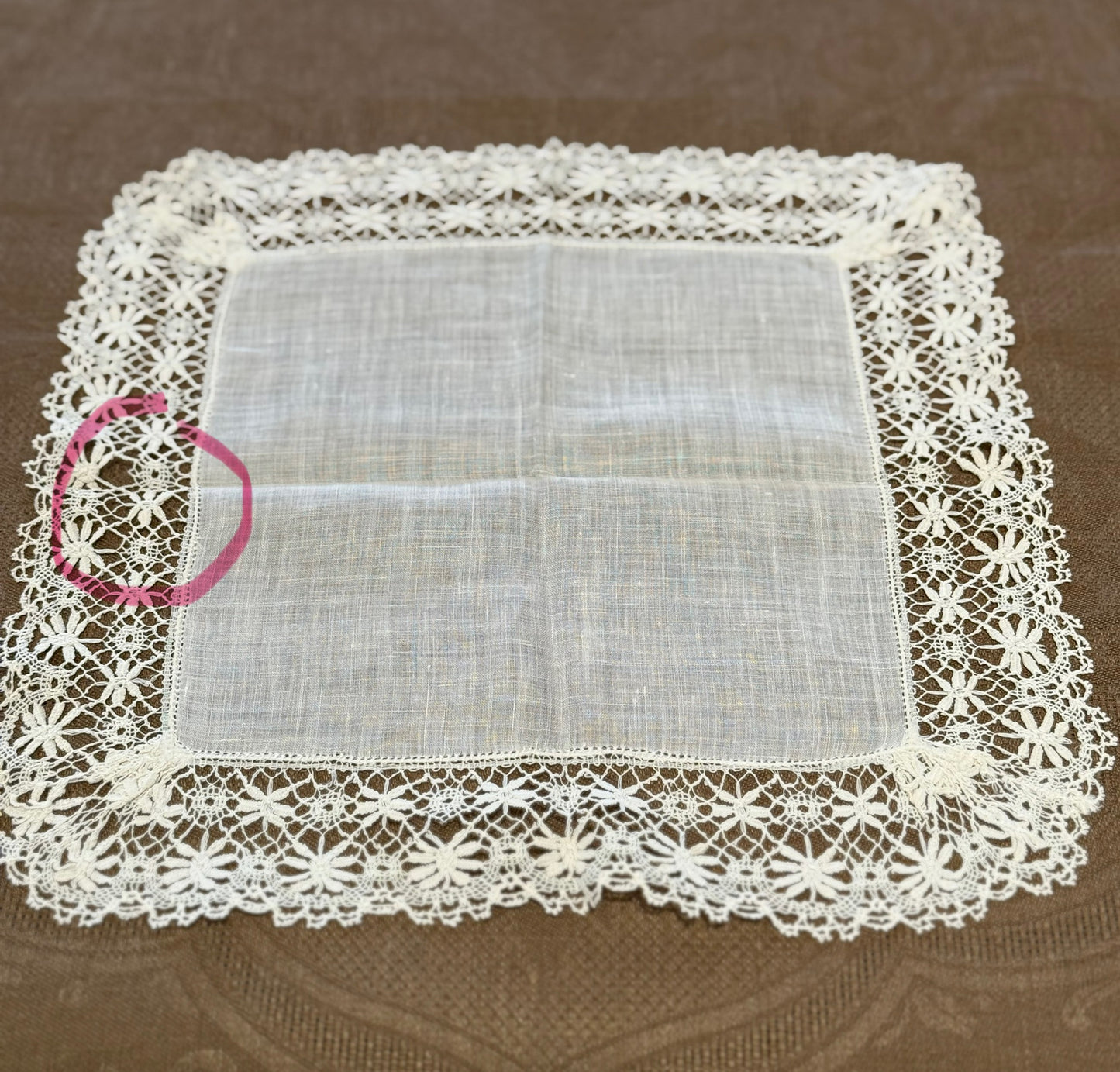 Estate/Vintage Ladies Handkerchief - Off White Linen With Handmade Lace Edge