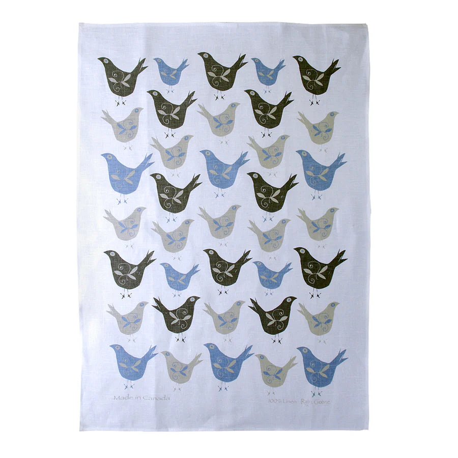 Rain Goose Linen Tea Towel "Swedish Birds" Taupe & Blue