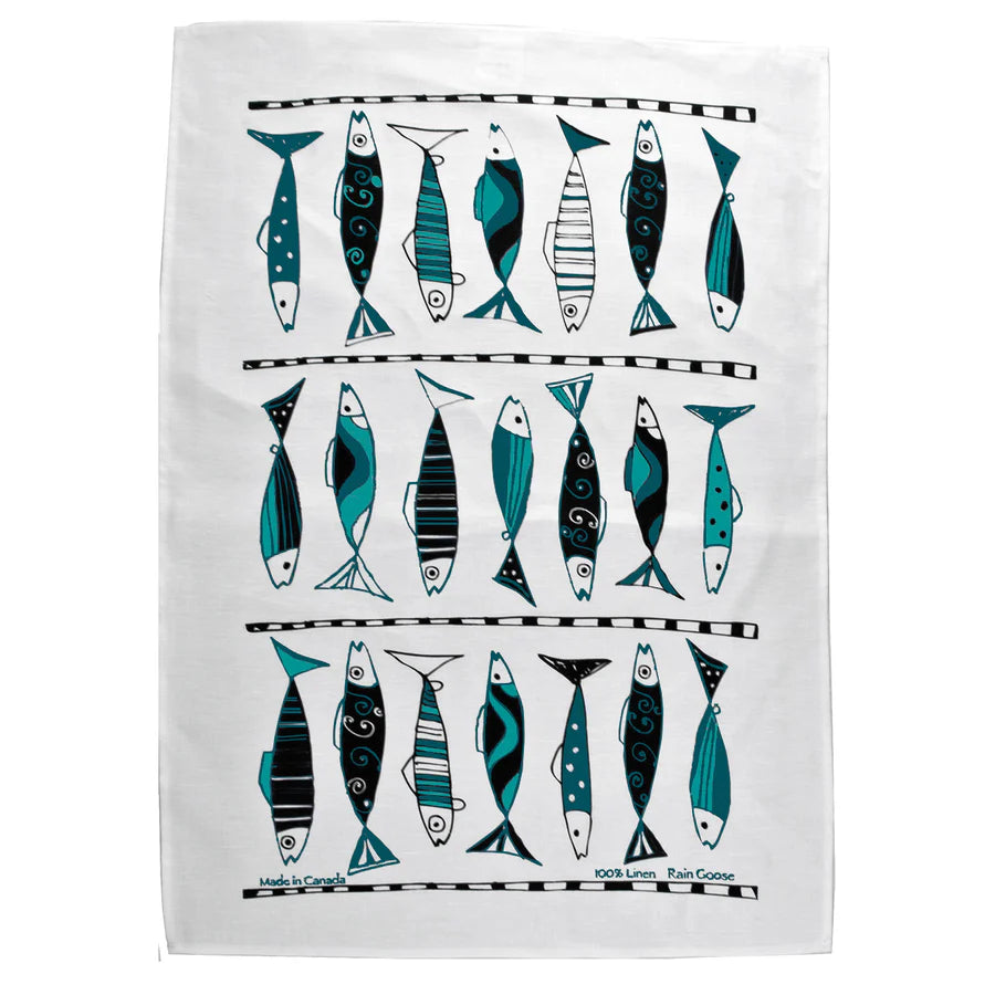 Rain Goose Linen Tea Towel "Vertical Fish" (Teal)