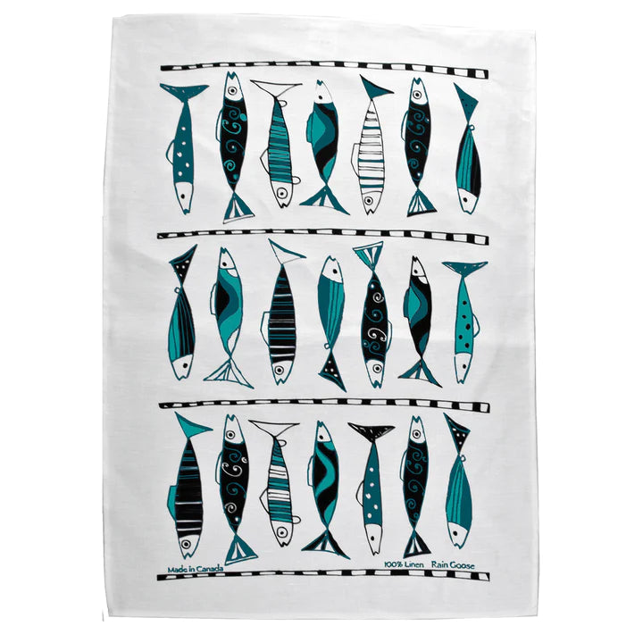 Rain Goose Linen Tea Towel "Vertical Fish" (Blue)