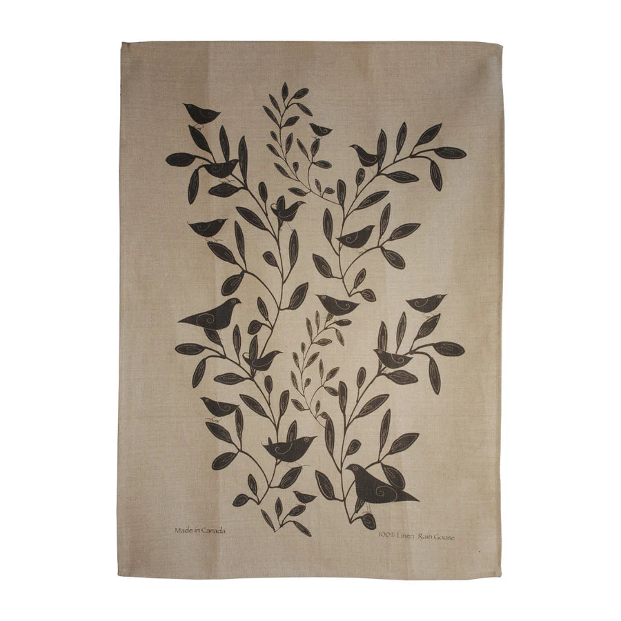 Rain Goose Linen Tea Towel "Bird & Tree" Taupe