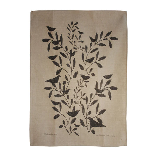 Rain Goose Linen Tea Towel "Bird & Tree" Taupe