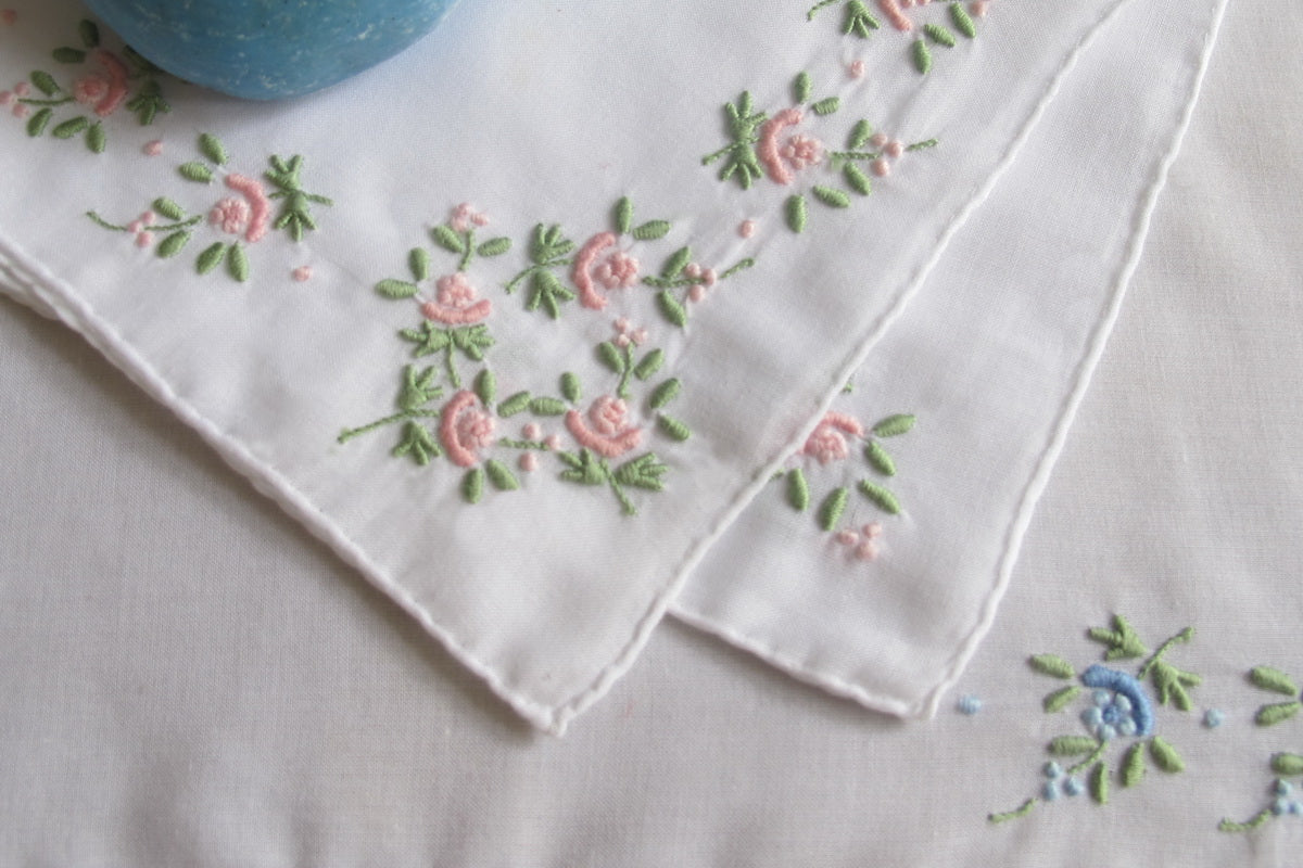 Handkerchief Ladies - Madeira Embroidered Pink Roses