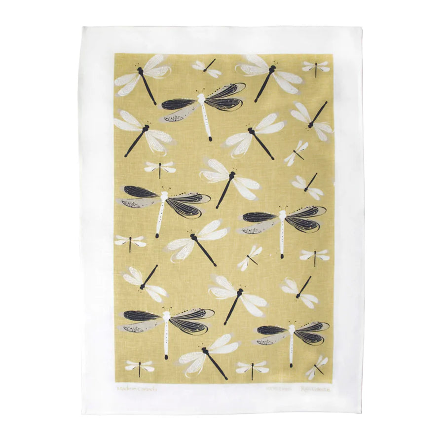 Rain Goose Linen Tea Towel "Dragonfly" Gold