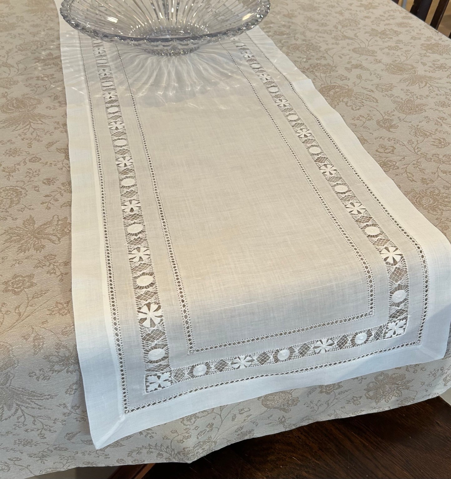 100% Linen Drawn Thread Runners - White