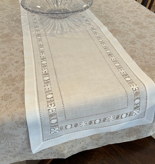 100% Linen Drawn Thread Runners - White