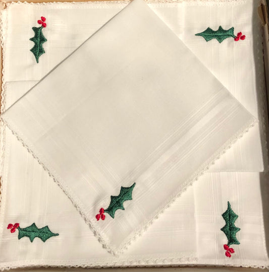 Handkerchief Ladies - Cotton Picot Edge With Holly Embroidery