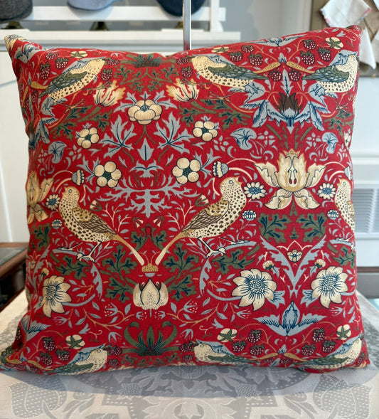 William Morris Throw Cushion: "Strawberry Thief" Red