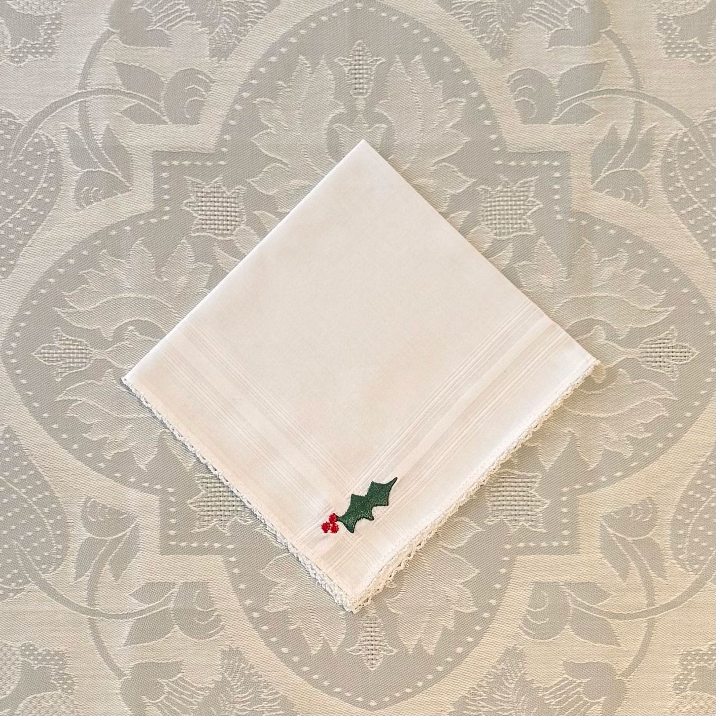 Handkerchief Ladies - Cotton Picot Edge With Holly Embroidery