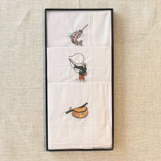 Handkerchief Men's - Box Set of Three, Embroidered with Fishing Motifs