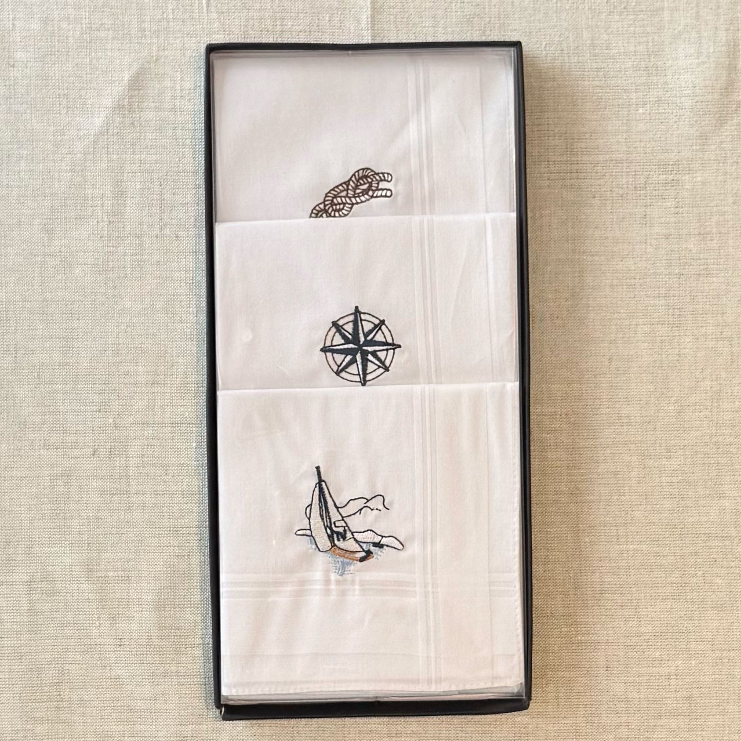 Handkerchief Men's - Box Set of Three, Embroidered with Sailing Motifs