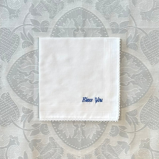 Handkerchief Ladies - "Bless You" Embroidery (Blue) With Cotton Picot Edge