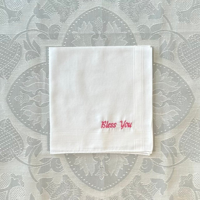 Handkerchief Ladies - "Bless You" Embroidery (Pink) With Cotton Picot Edge