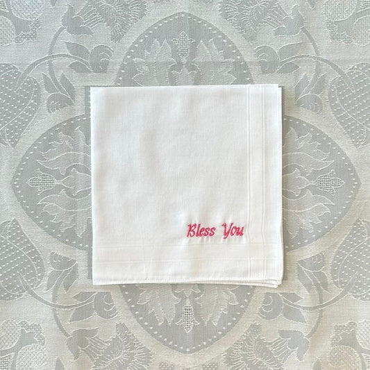 Handkerchief Ladies - "Bless You" Embroidery (Pink) With Cotton Picot Edge