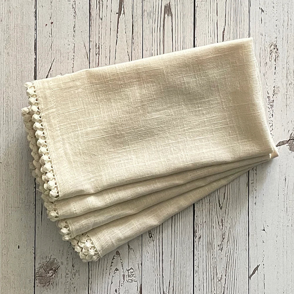 Cotton Napkins - Ivory With Flat Pom Poms