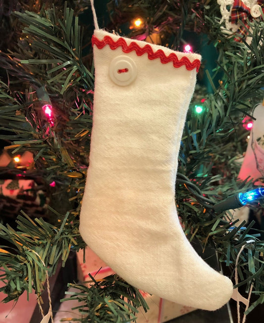 Handmade Holiday Tree Ornament: Vintage Linen Stocking Style B