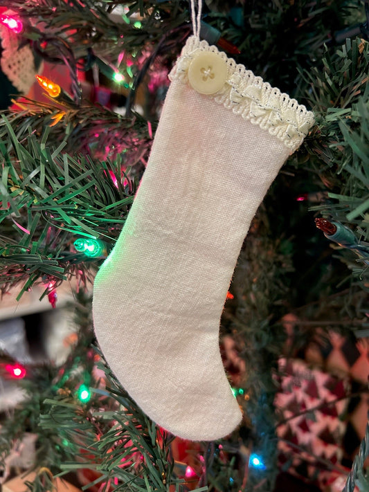 Handmade Holiday Tree Ornament: Vintage Linen Stocking Style A
