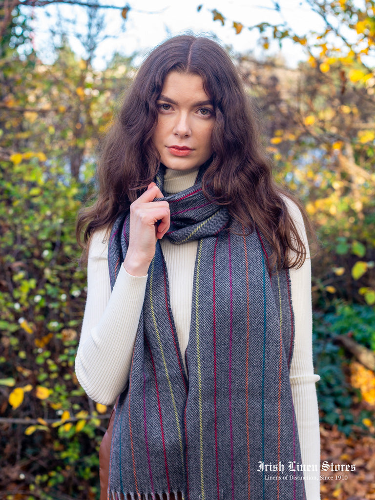 McNutt Lambswool Scarf - Charcoal Rainbow Herringbone