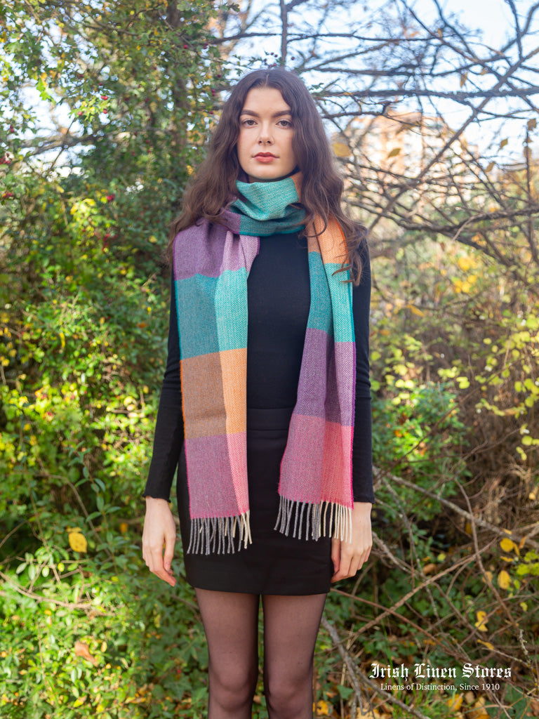 McNutt Lambswool Scarf - Hyacinth & Orange Check