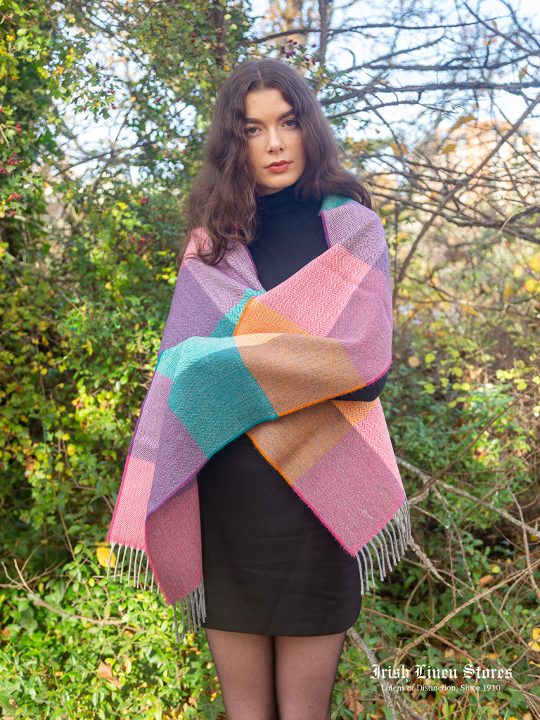 McNutt Lambswool Scarf - Hyacinth & Orange Check