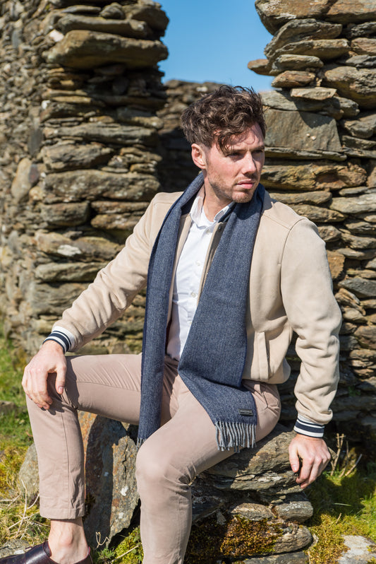 McNutt Lambswool Scarf - Navy & Grey Herringbone