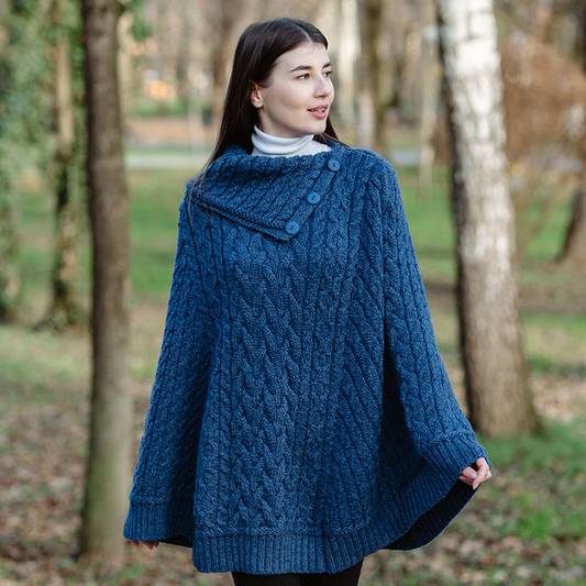 Ladies Cowl Neck Button Poncho - Indigo