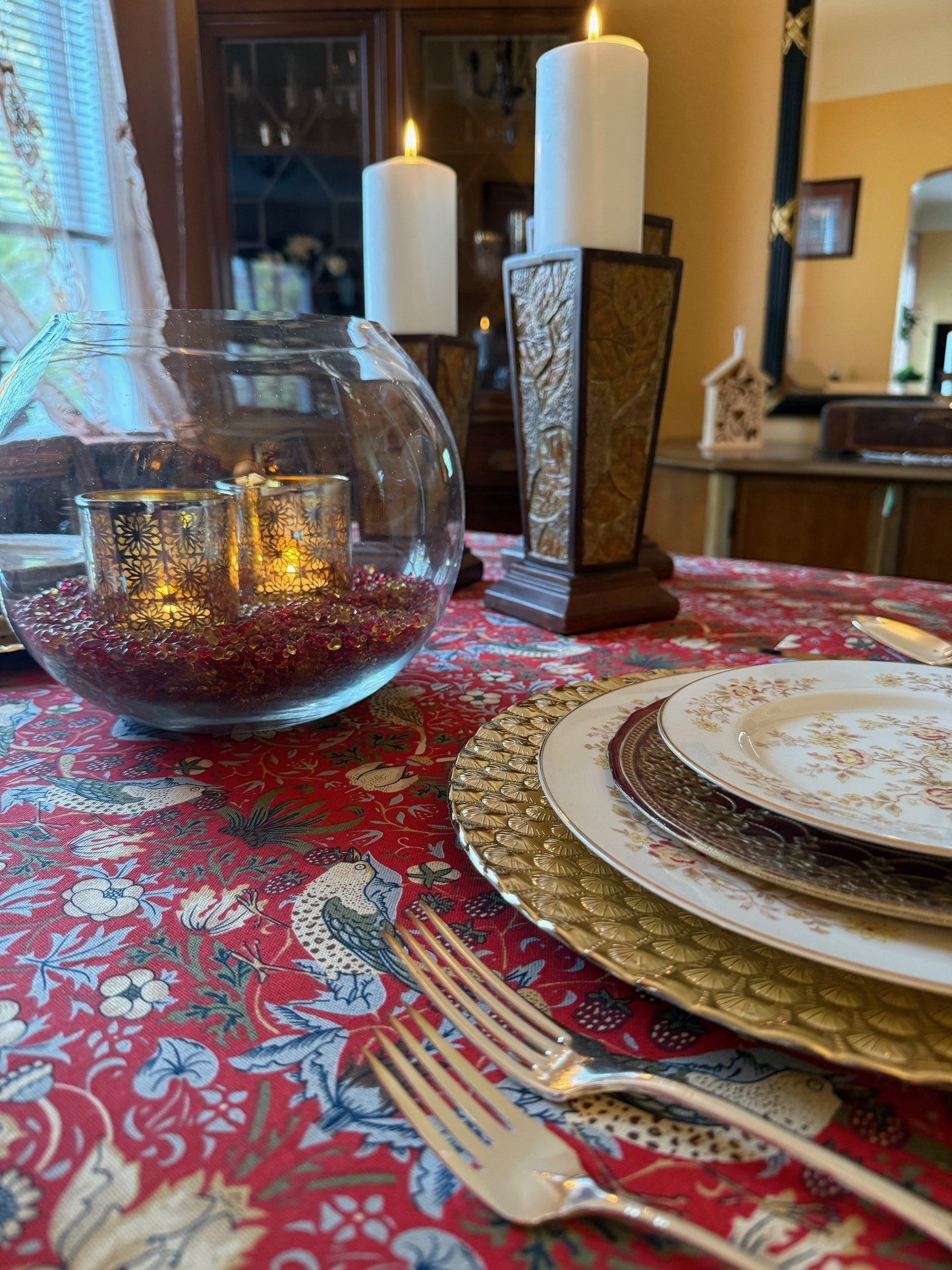 William Morris Strawberry Thief Red Tablecloth