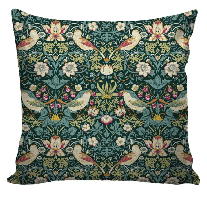William Morris Throw Cushion: "Strawberry Thief" Green