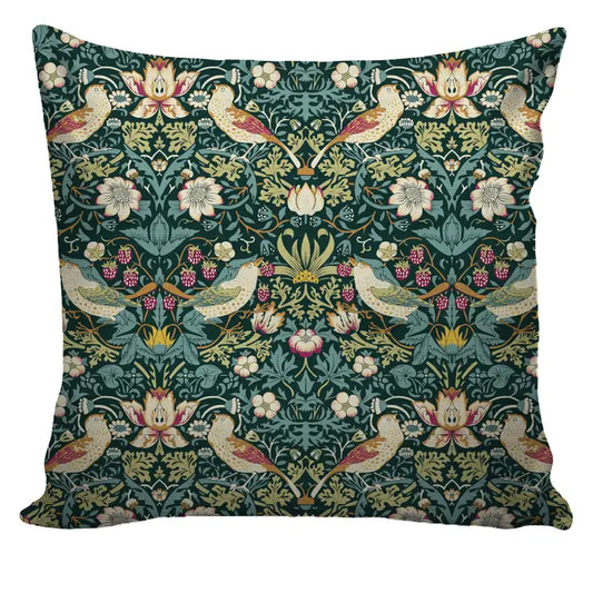 William Morris Throw Cushion: "Strawberry Thief" Green