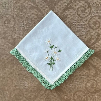 Estate/Vintage Ladies Handkerchief - Daisies on Blue Cotton With Crochet Edge