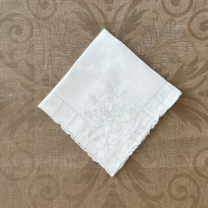 Estate/Vintage Ladies Handkerchief - White Linen With Chrysanthemum Hand Embroidery and Drawn Thread
