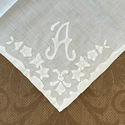 Estate/Vintage Ladies Handkerchief - Cotton with "A" Monogram Appliqué