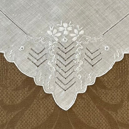 Estate/Vintage Ladies Handkerchief - White Linen With Hand Embroidery and Drawn Thread