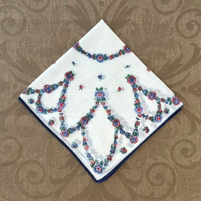 Estate/Vintage Ladies Handkerchief - White Cotton With Floral Print
