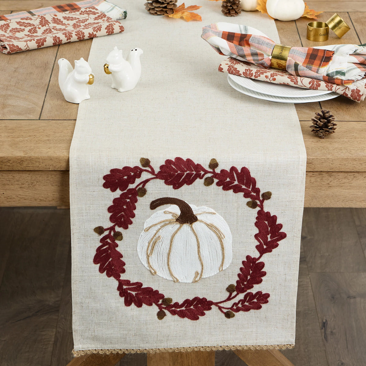 Thanksgiving Table Runner - Embroidered White Pumpkin