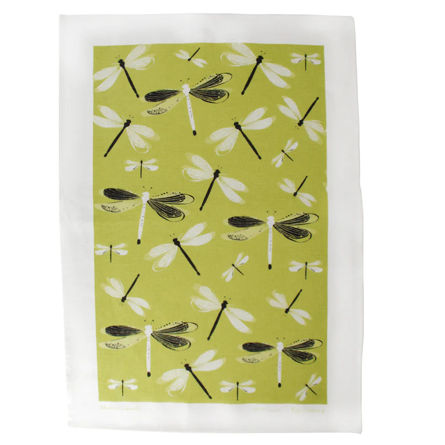 Rain Goose Linen Tea Towel "Dragonfly" Green