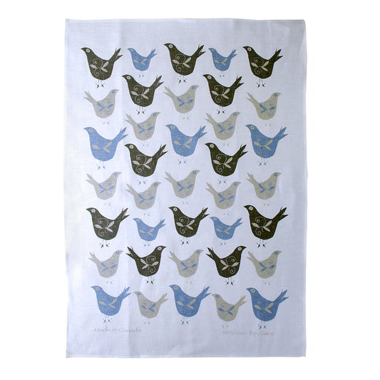 Rain Goose Linen Tea Towel "Swedish Birds" Taupe & Blue