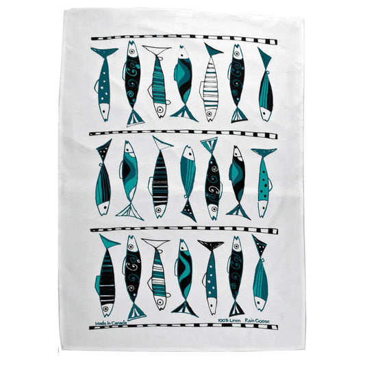 Rain Goose Linen Tea Towel "Vertical Fish" (Teal)