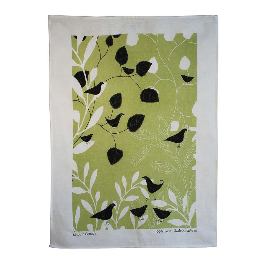 Rain Goose Linen Tea Towel "Botanical Birds" (Green)